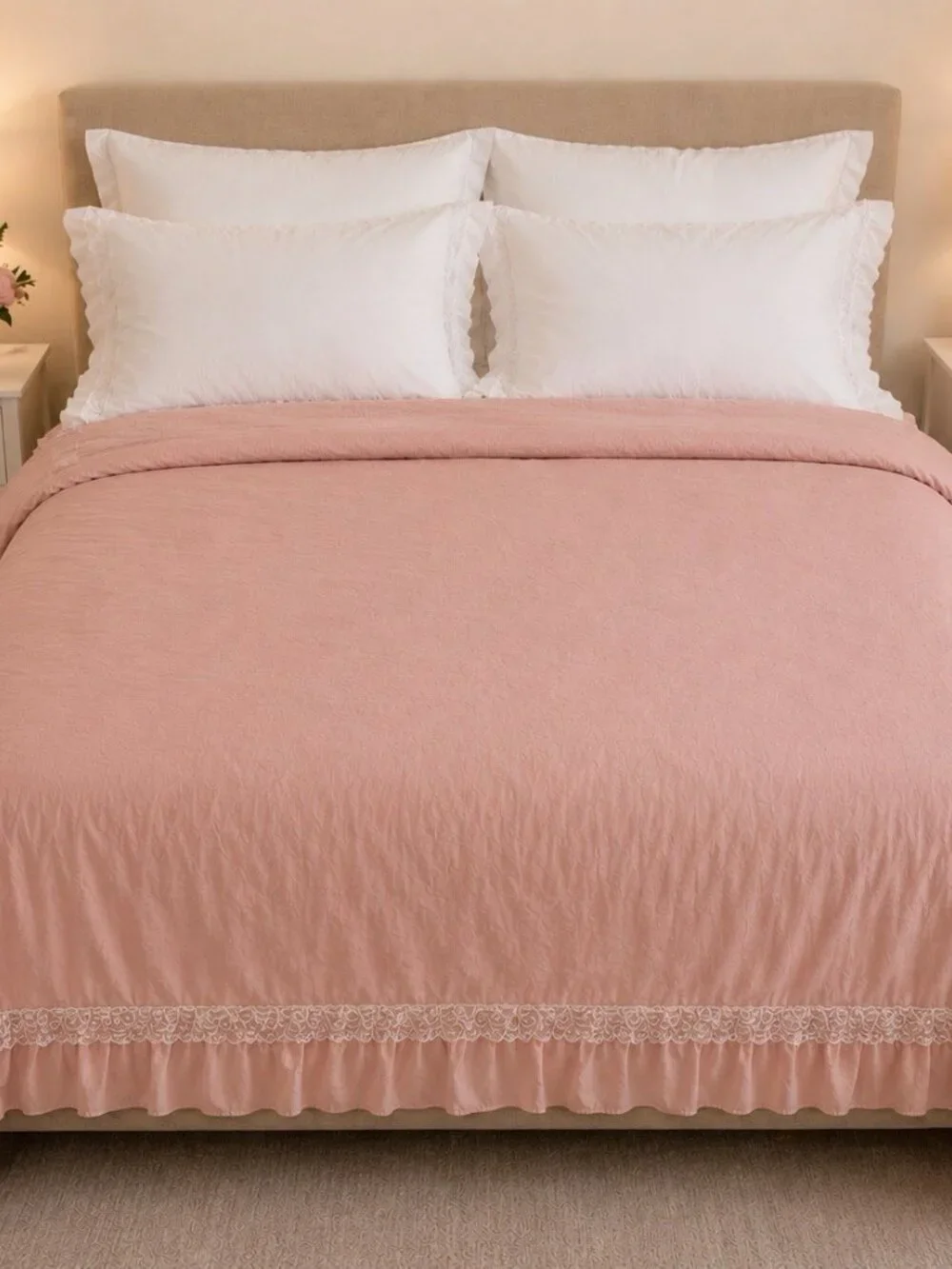 Pink Duvet Cover w/ White Lace Twin Size 68x88”